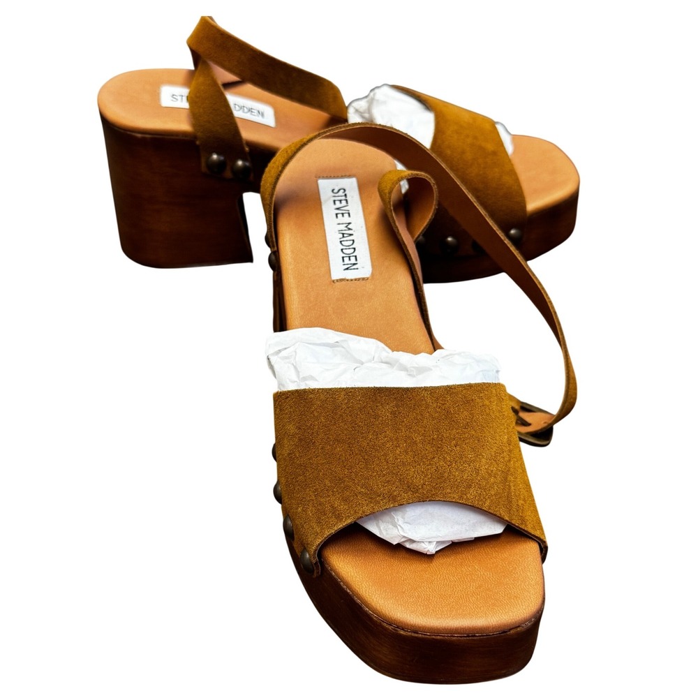 Steve Madden Karsin Sandals Womens 7 Cognac Suede Wood Platform Clog NIB